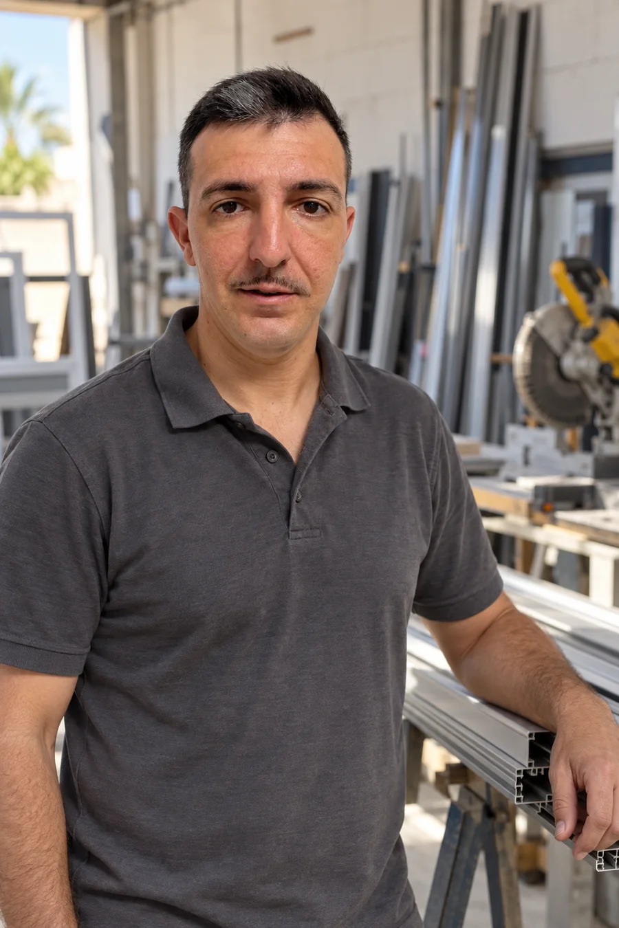Carlos, de Aluennova, en su taller de carpintería de aluminio en El Verger