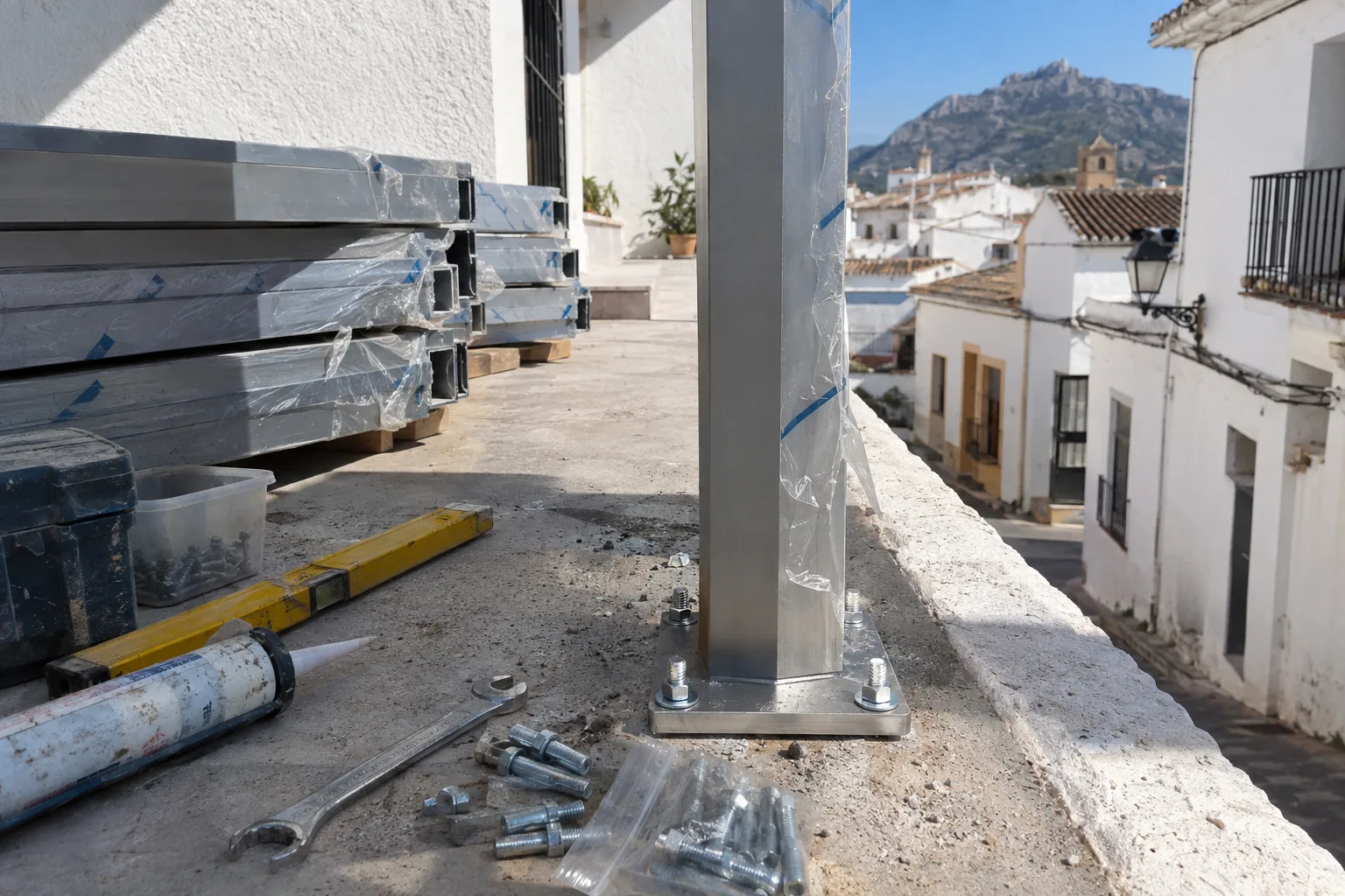 Montaje de una barandilla, con los montantes a medio anclar