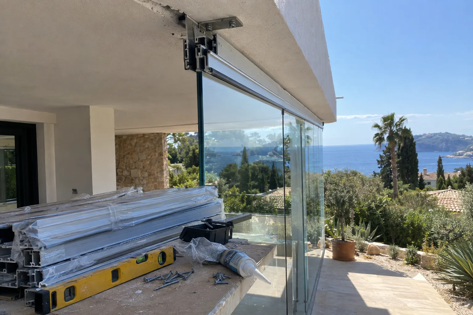 Montaje de un cerramiento de terraza, con las hojas y los perfiles a medio instalar