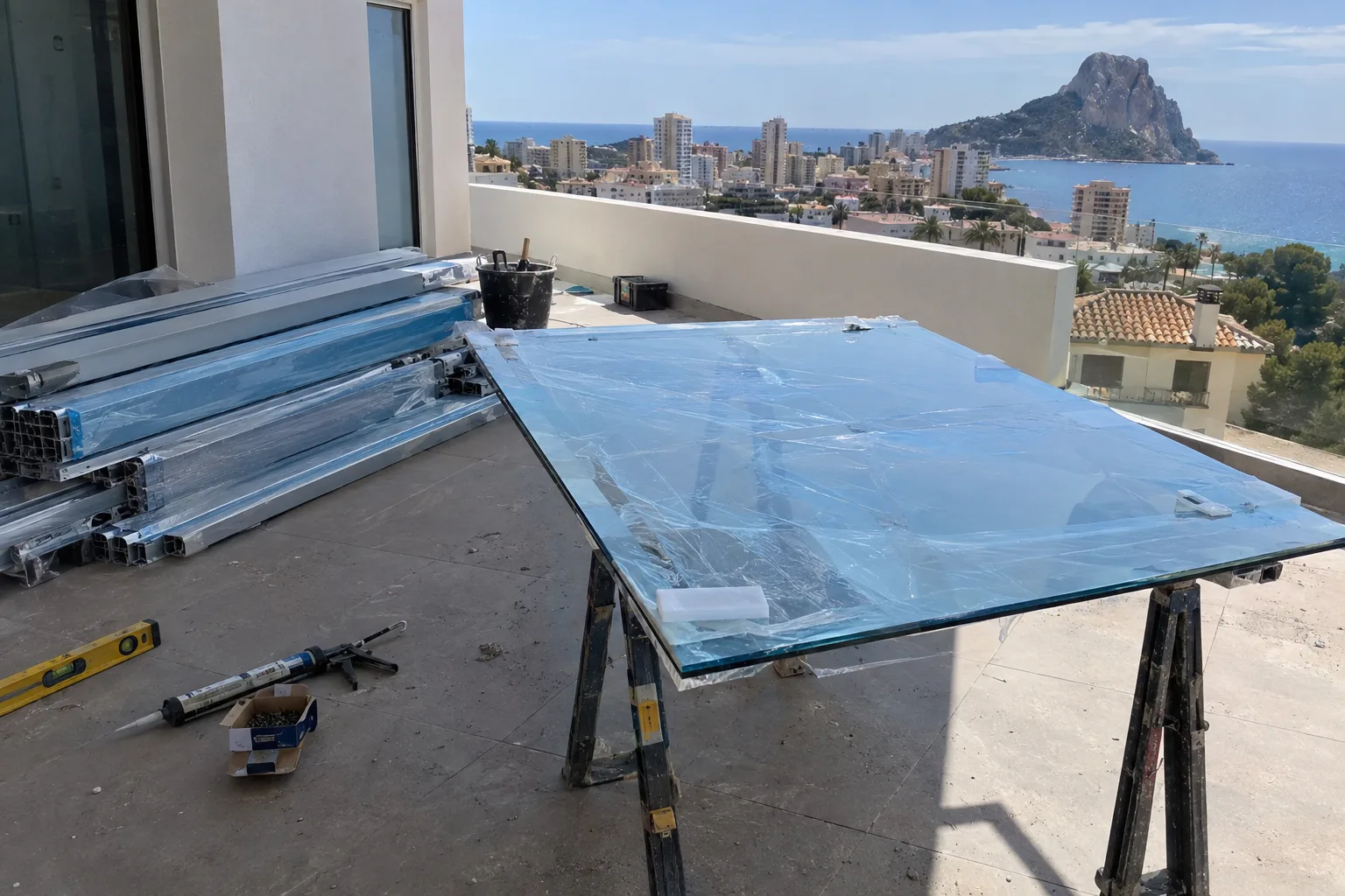Montaje de un cerramiento de terraza, con las hojas y los perfiles a medio instalar