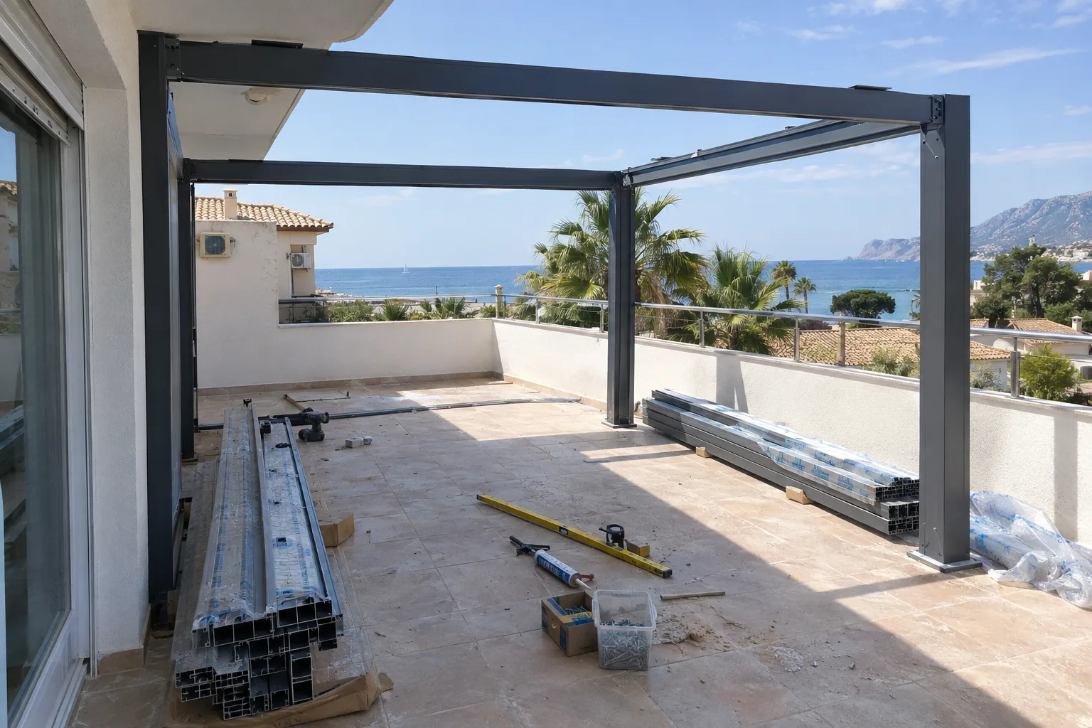 Montaje de una pérgola bioclimática, con la estructura a medio armar