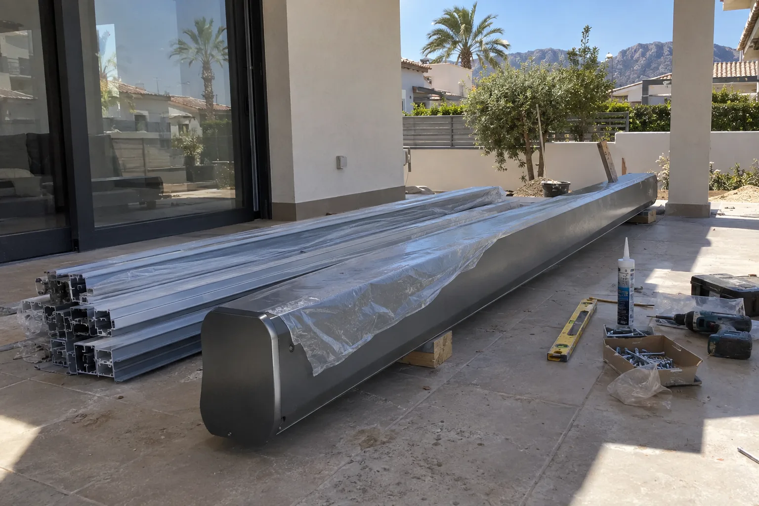 Montaje de un toldo, con el soporte y la lona a medio colocar